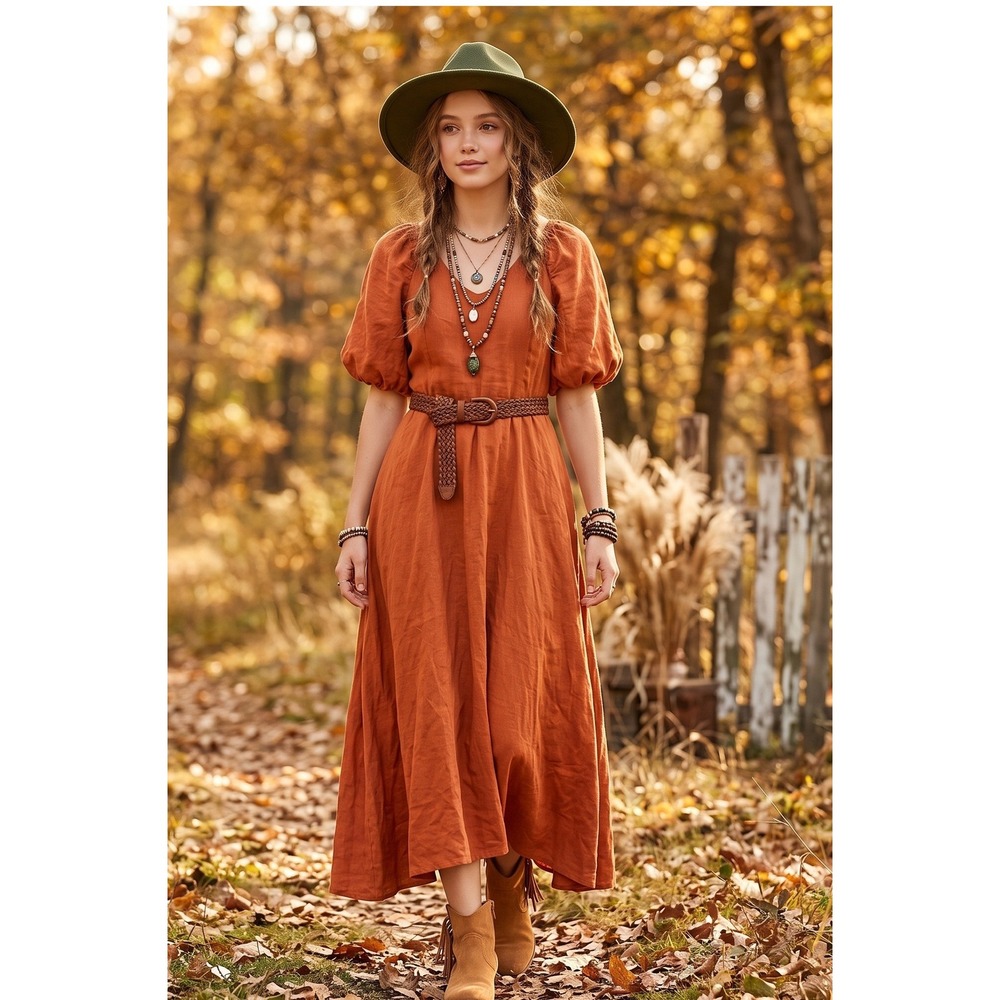 A New Day Maxi Dress Womens XS Orange NWT Puff Sleeve Boho Flowy Burnt Orange